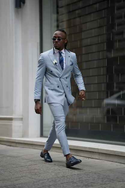 Sorento Sky Blue Slim Fit Double Breasted Linen Suit brabion