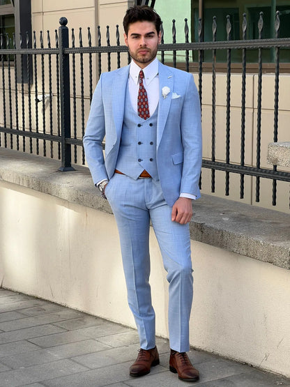Edmond Sky Blue Slim Fit Peak Lapel Wool Suit: Elegance Redefined BOJONI