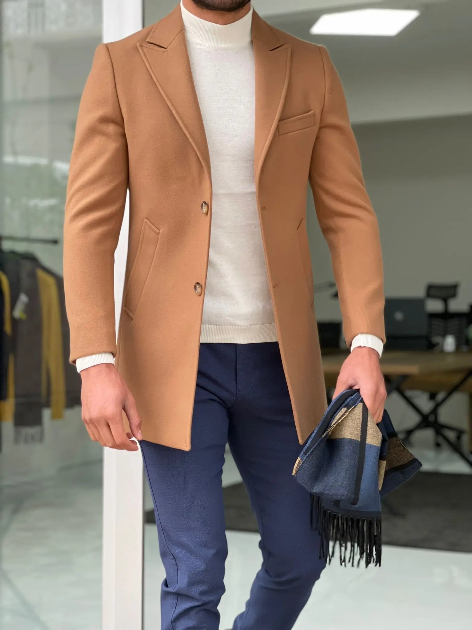 Viena Camel Slim Fit Wool Long Coat - BRABION