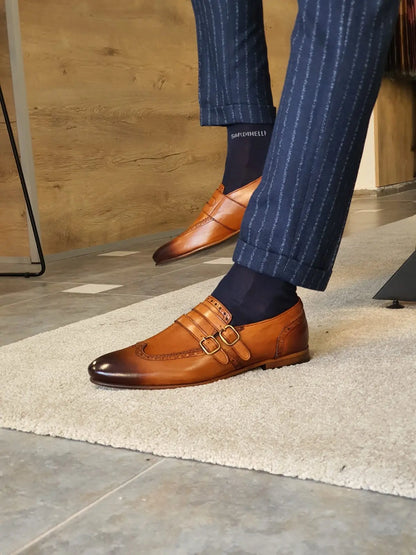 Stefano Tan Buckle Wingtip Loafers - Sophisticated Leather Footwear - BRABION