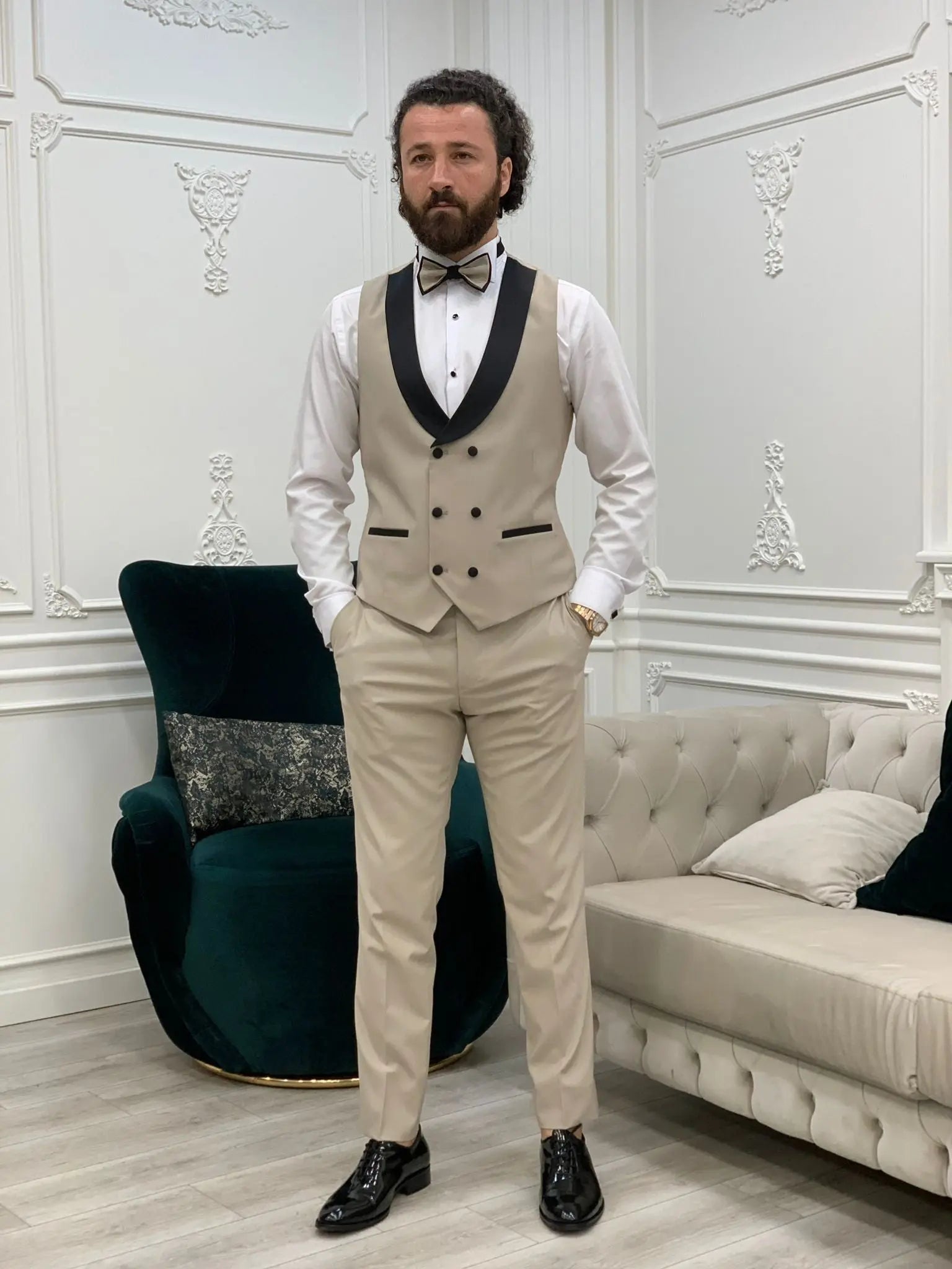 Perris Beige Slim Fit Tuxedo - Elevate Your Formal Style - BRABION