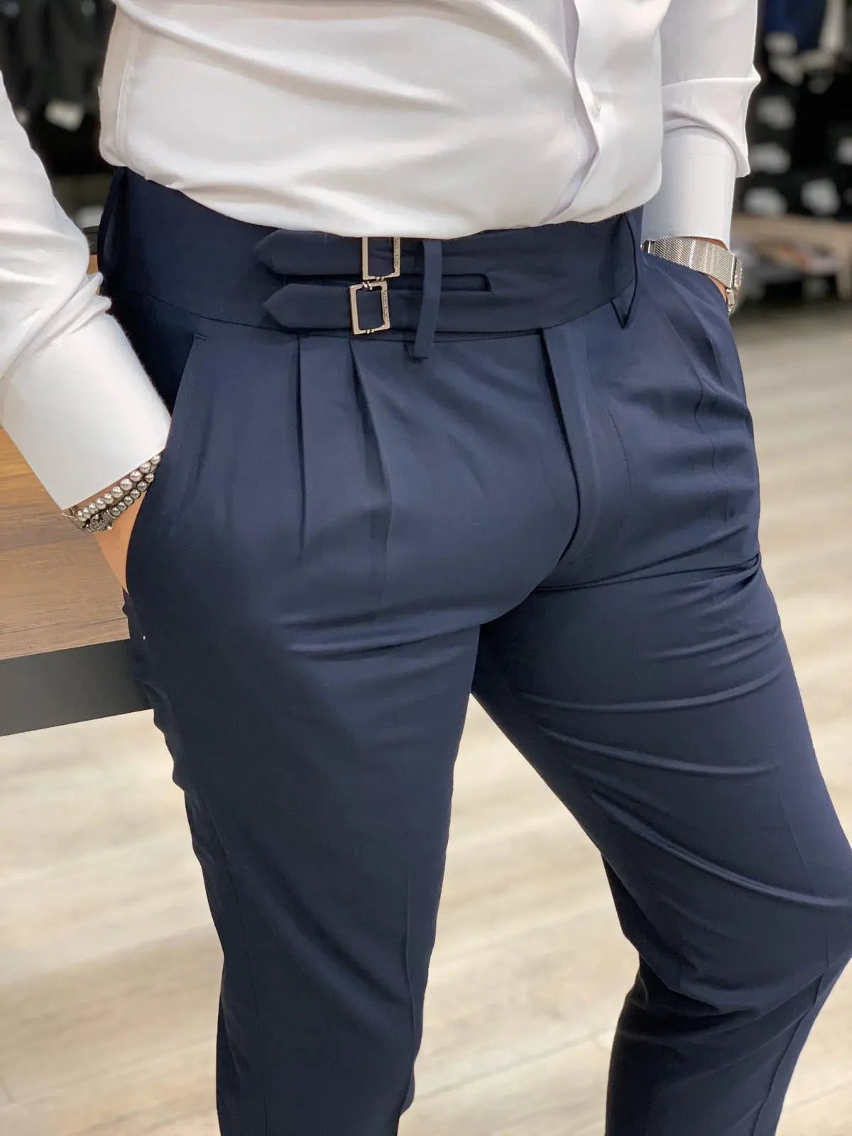 Jake Navy Double Pleated Buckled Slim Pants - Modern Elegance for Every Occasion - BRABION