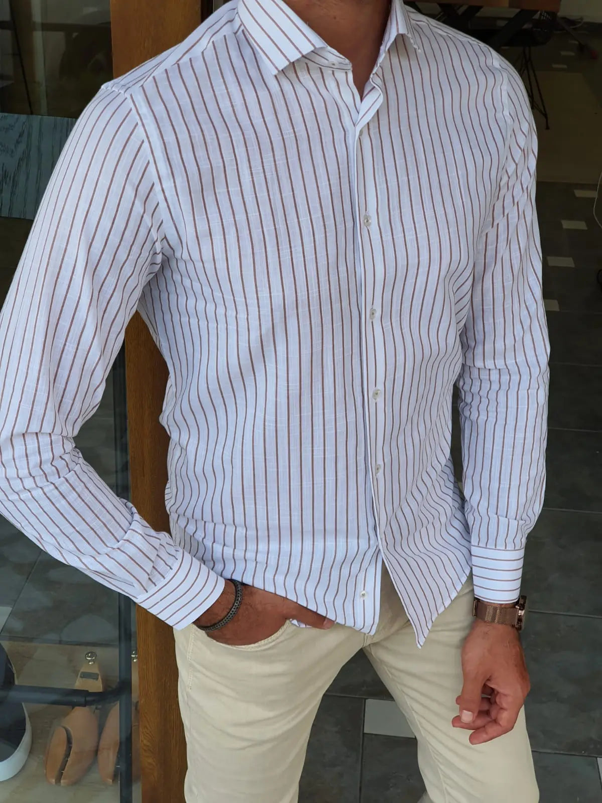 Brabion Berton Beige Slim Fit Long Sleeve Striped Cotton Shirt - BRABION