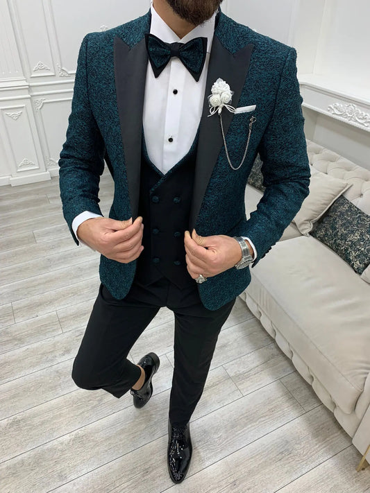 Caesar Green Slim Fit Peak Lapel Floral Patterned Tuxedo - BRABION