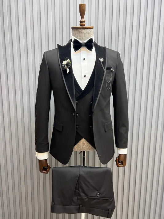 Sorento Black Slim Fit Velvet Peak Lapel Tuxedo – Elegant Formalwear for Men - BRABION