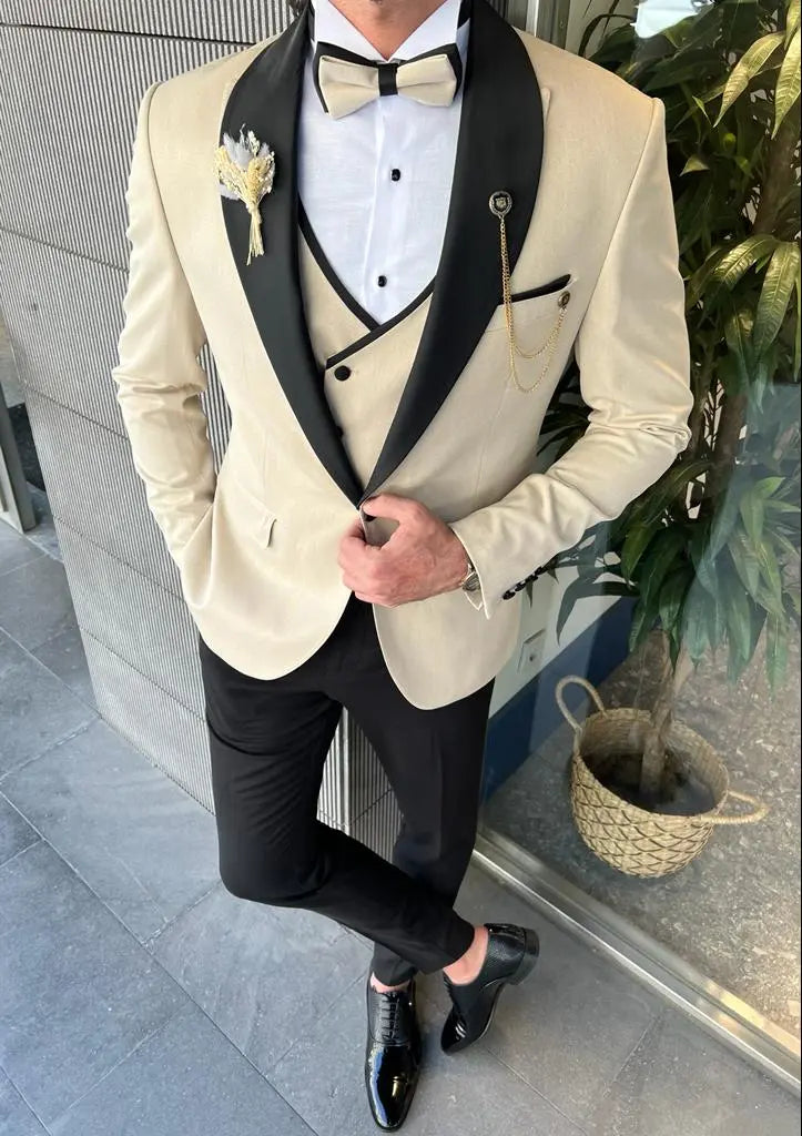 Bensen Slim Fit Mono Collared Beige Groom Suit - BRABION