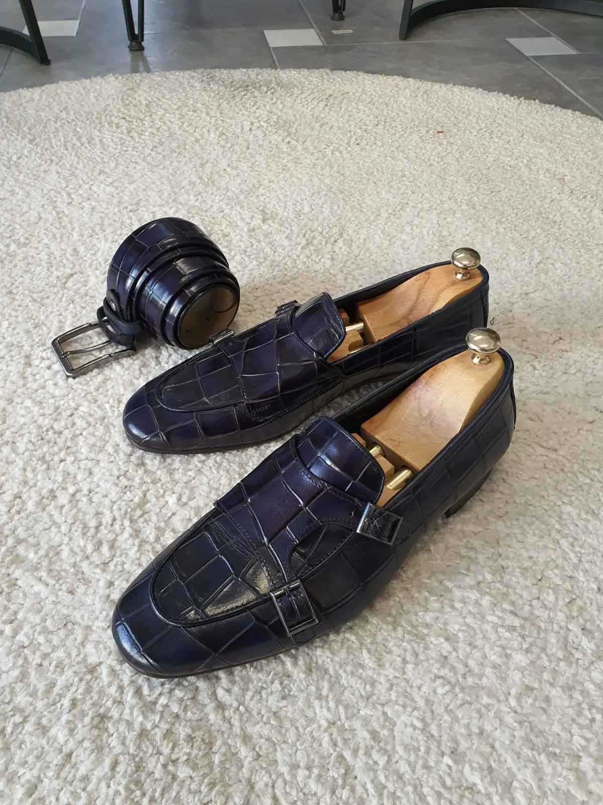 Livorno Navy Blue Double Monk Strap Loafers - BRABION