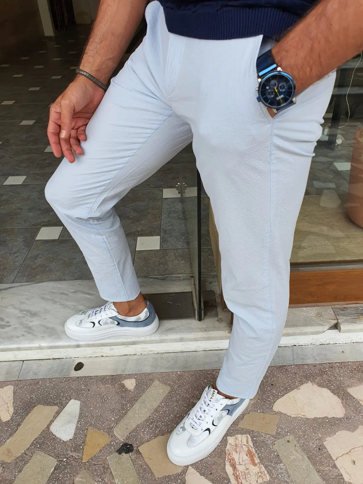Berton Blue Slim Fit Cotton Pants - BRABION
