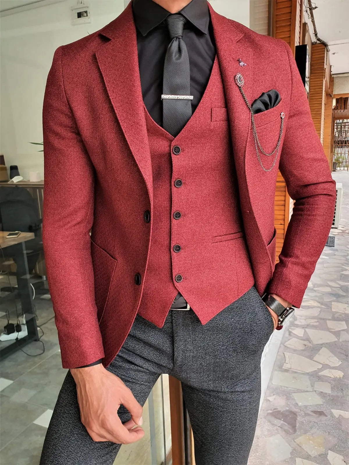 Men's Claret Red Slim Fit Suit – Elegant Versatility for Every Occasion BOJONI