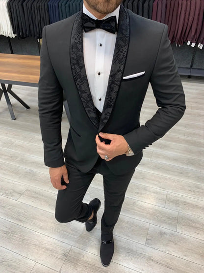 Genova Black Slim Fit Shawl Lapel Tuxedo for Men - BRABION