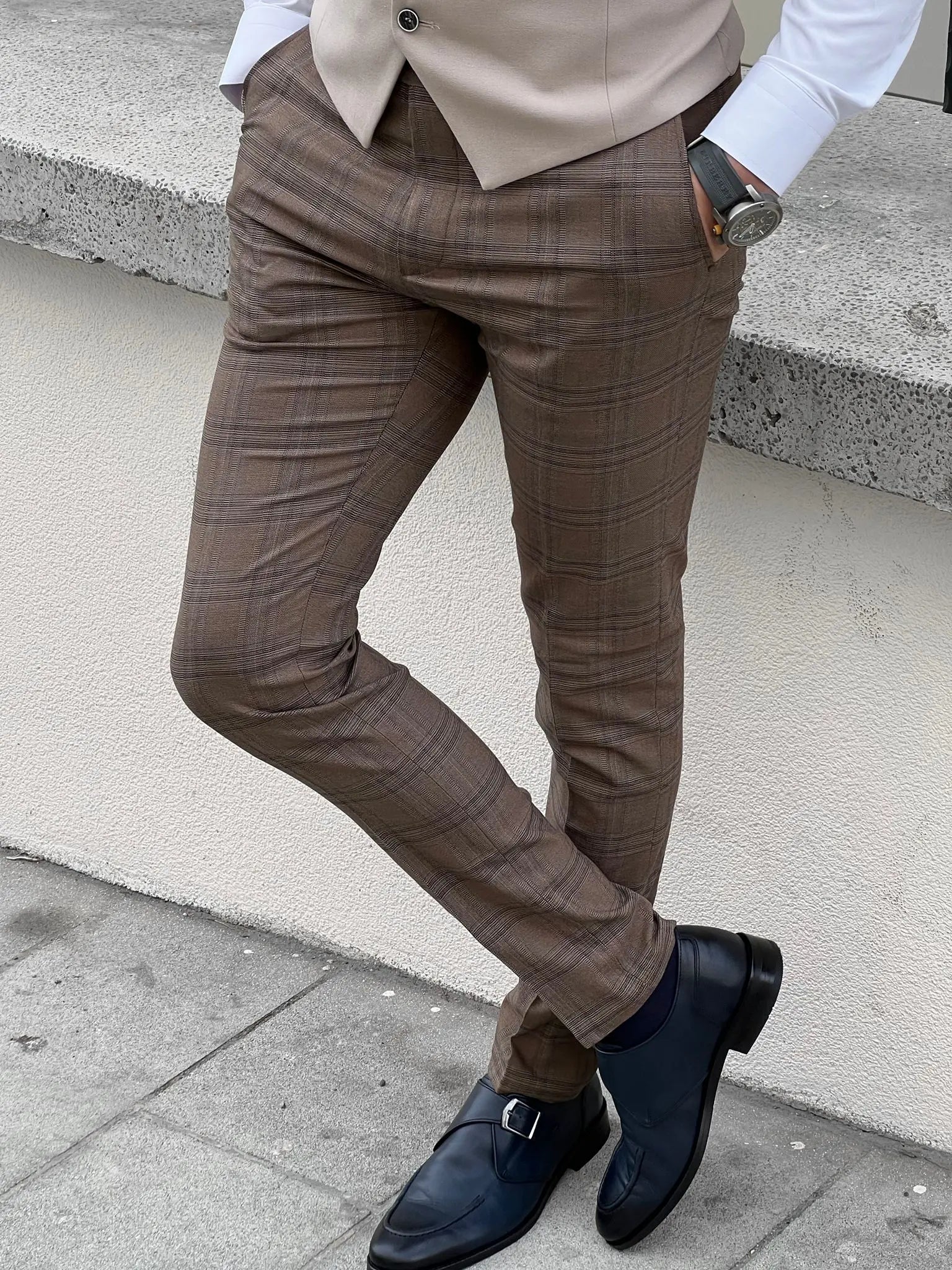 Fabio Brown Plaid Slim Fit Woolen Pants - BRABION