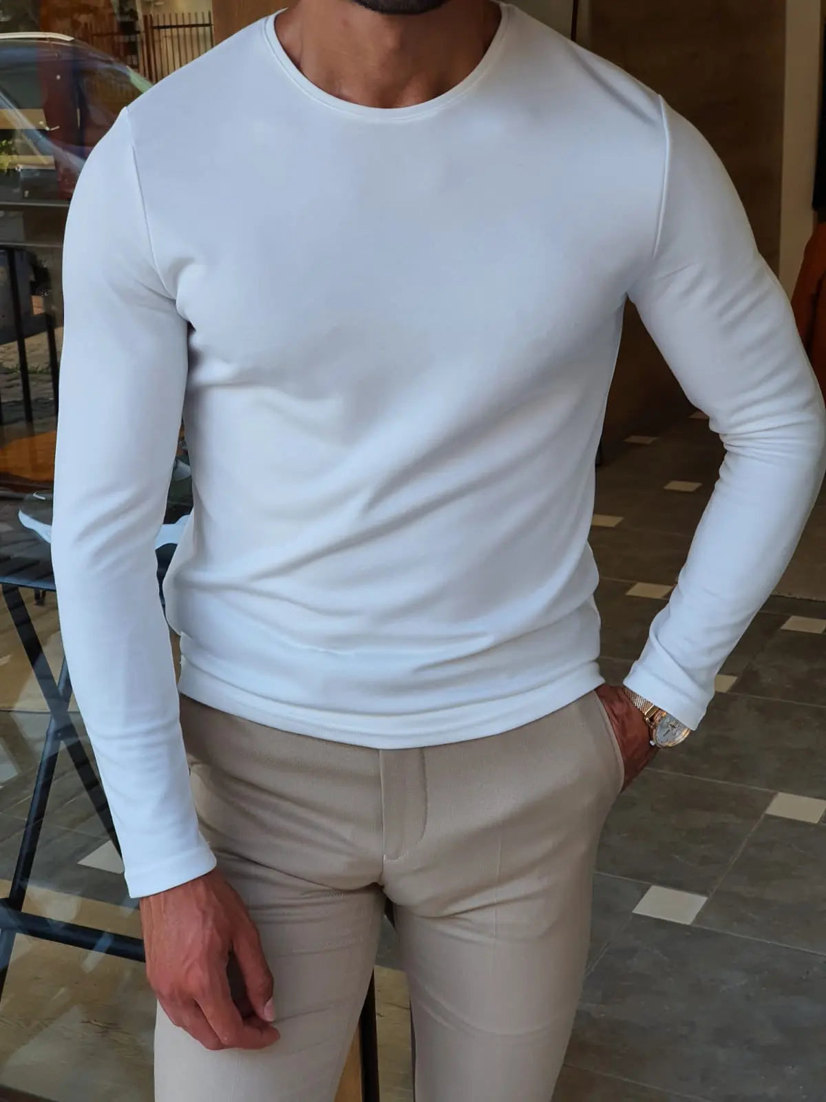 Stefano White Slim Fit Round Neck Sweater - BRABION