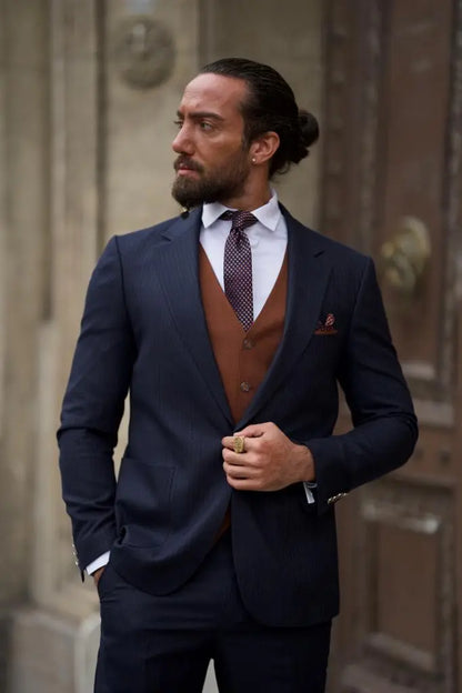 Sorento Dark Blue Slim Fit Pinstripe Combination Suit brabion