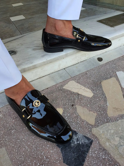 Berton Black Patent Leather Penny Loafers for Men - BRABION
