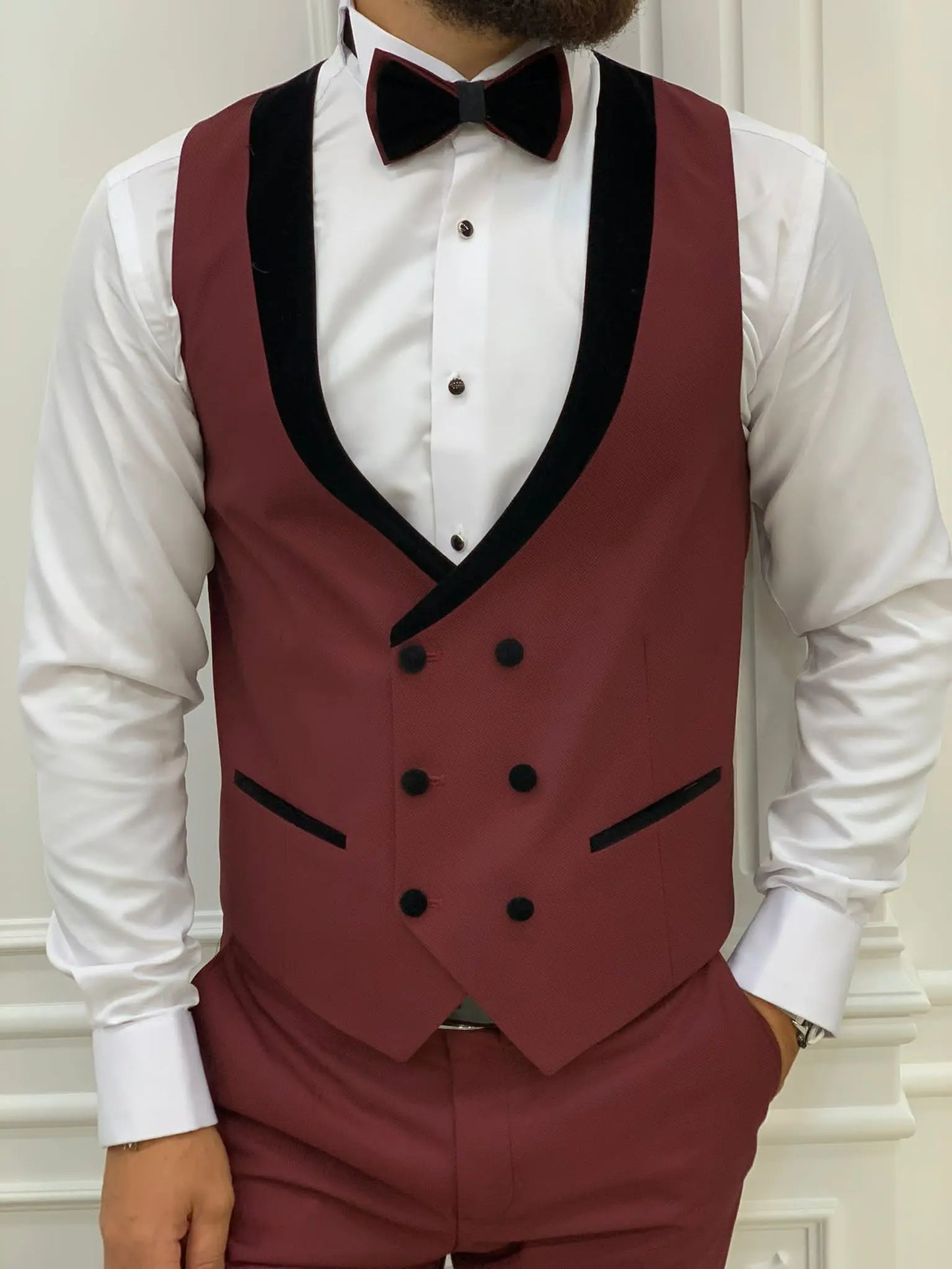 Acacia Burgundy Slim Fit Velvet Peak Lapel Tuxedo - BRABION
