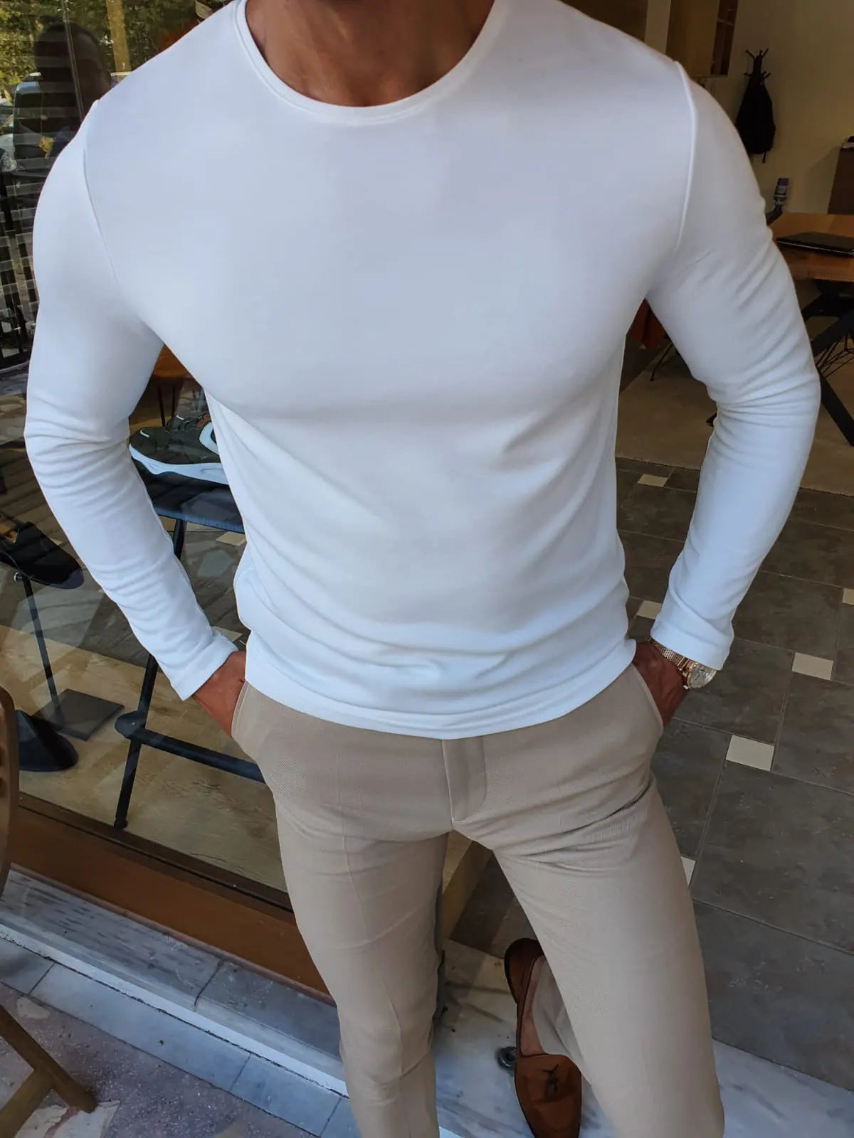 Stefano White Slim Fit Round Neck Sweater - BRABION