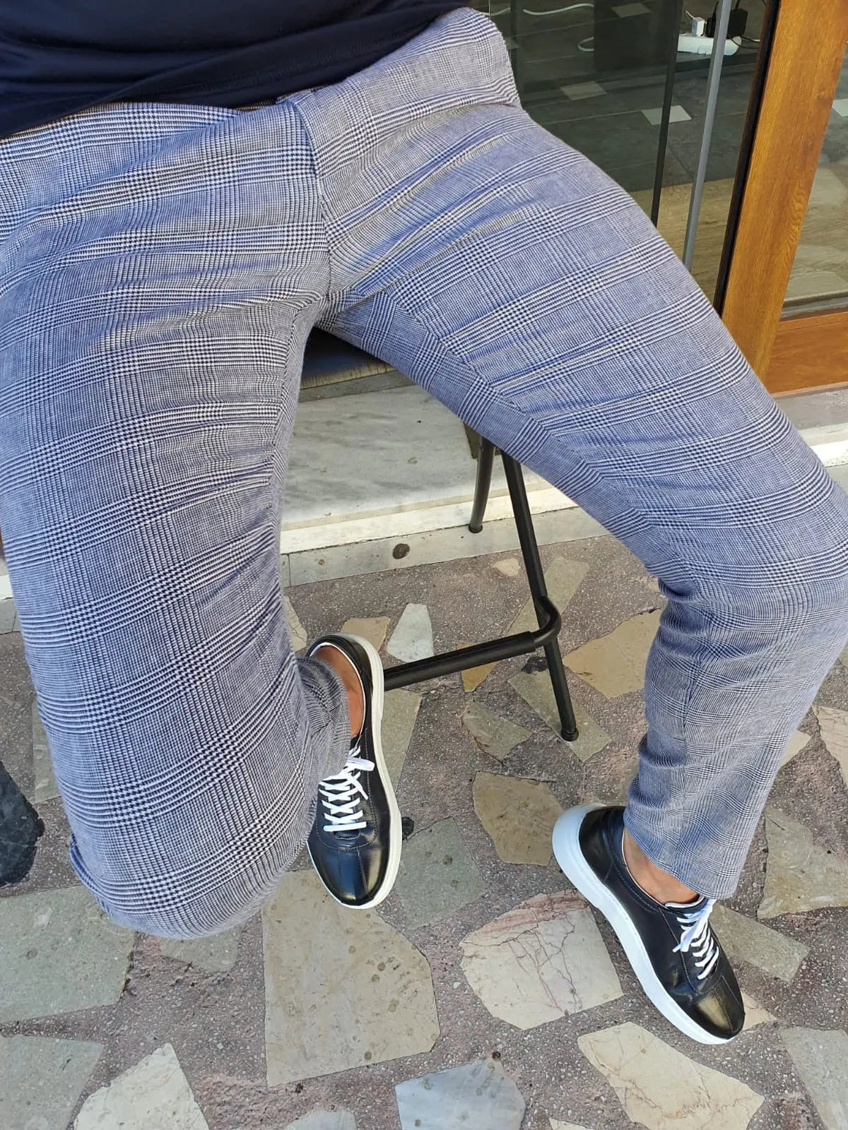 Montreal Navy Blue Slim Fit Plaid Cotton Pants - BRABION