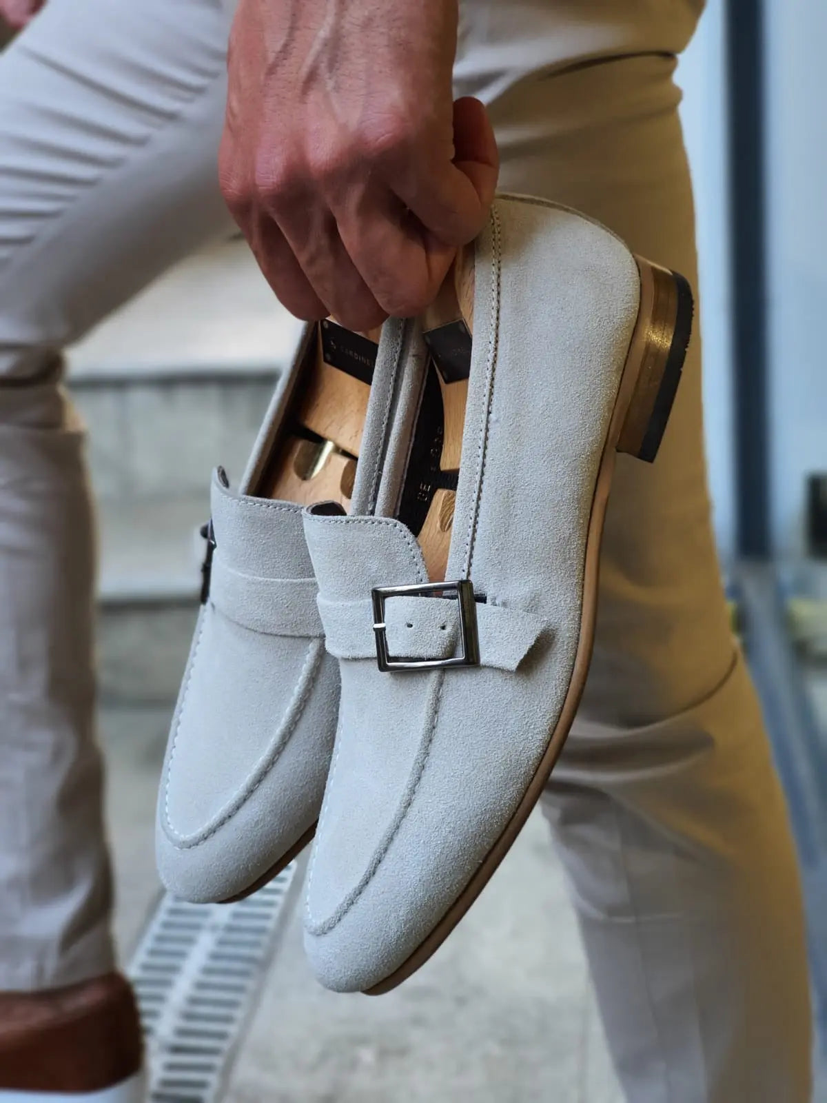 Henderson Beige Suede Buckle Loafers - BRABION