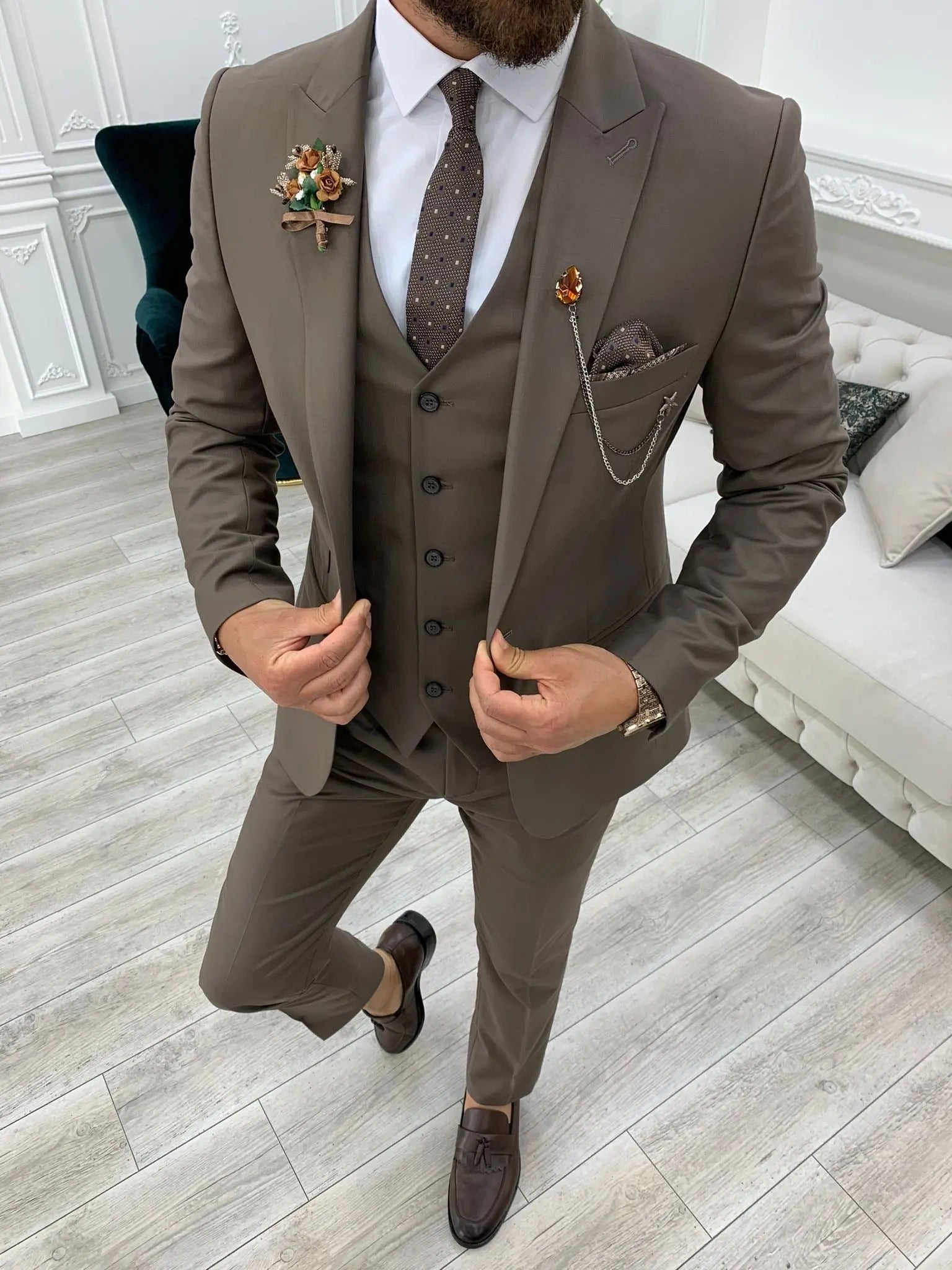 Lance Coffee Slim Fit Three-Piece Suit BOJONI