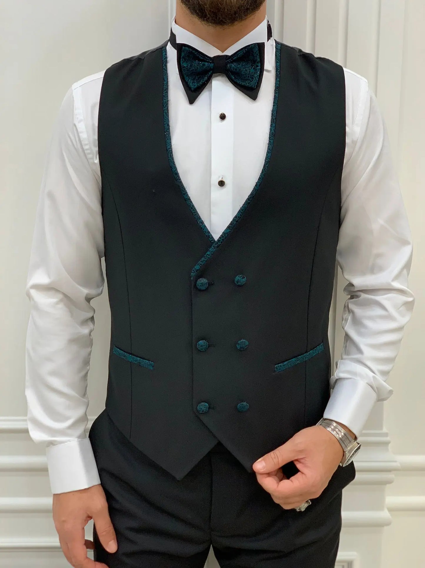Caesar Green Slim Fit Peak Lapel Floral Patterned Tuxedo - BRABION