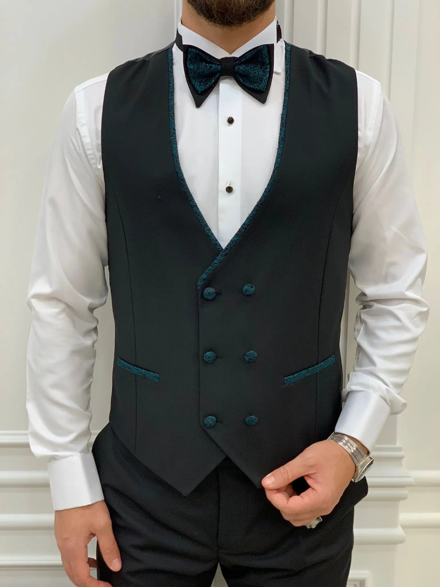 Caesar Green Slim Fit Peak Lapel Floral Patterned Tuxedo - BRABION