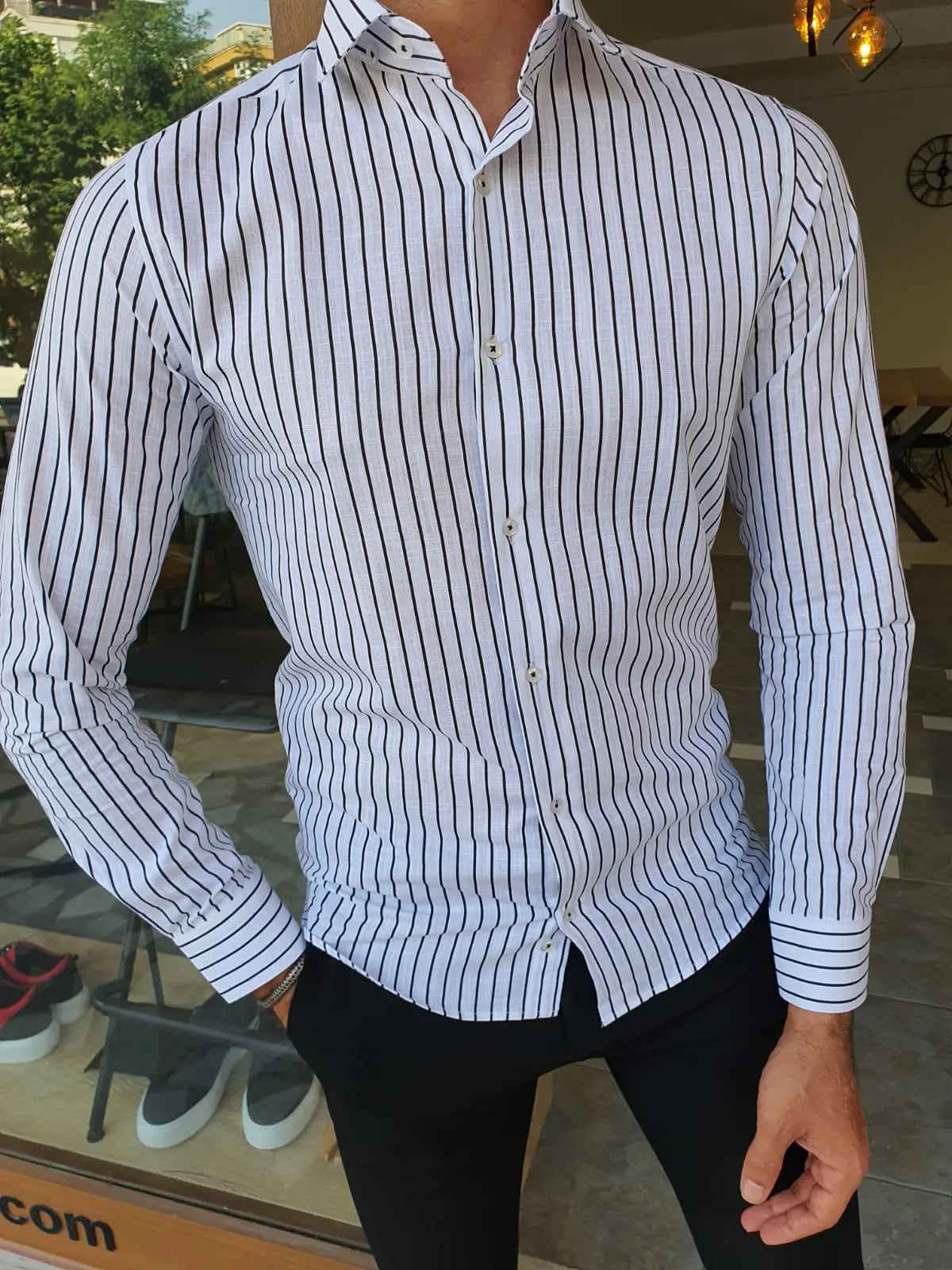 Brabion Berton Black Slim Fit Long Sleeve Striped Cotton Shirt - BRABION
