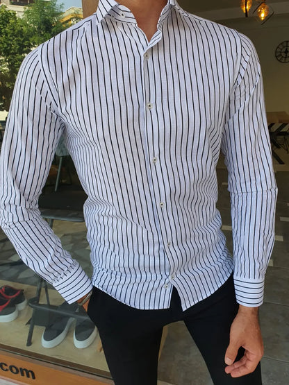 Brabion Berton Black Slim Fit Long Sleeve Striped Cotton Shirt - BRABION