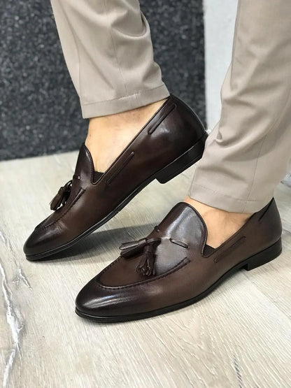 Tassel Leather Dark Brown Loafers – Sophisticated Footwear for Every Occasion - BRABION