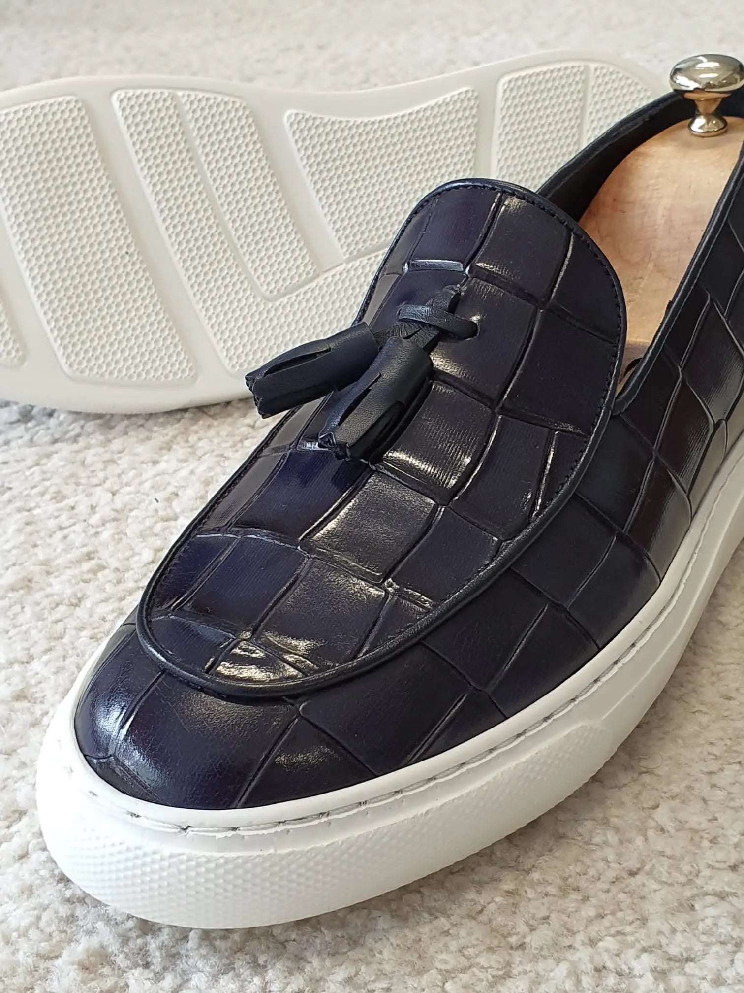 Berton Navy Blue Tassel Loafers: Sophisticated Elegance - BRABION
