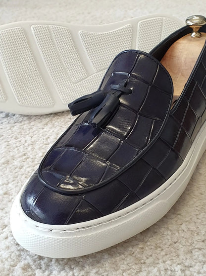 Berton Navy Blue Tassel Loafers: Sophisticated Elegance - BRABION