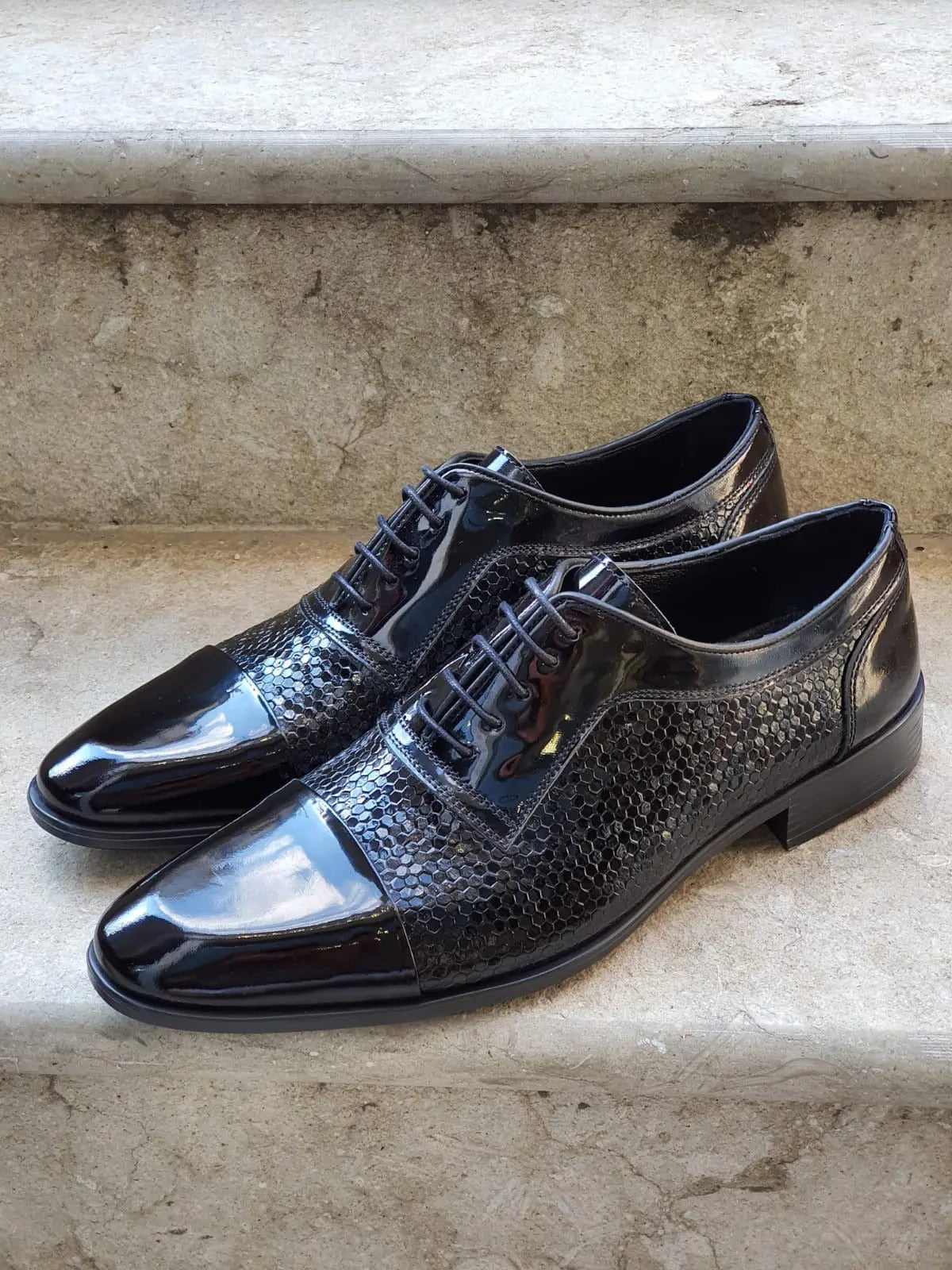 Henderson Black Wholecut Derbies - Navy Blue Patent Leather Elegance - BRABION