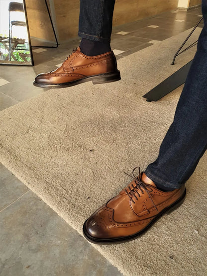 Torino Tan Wingtip Oxfords: Unmatched Elegance for Any Occasion - BRABION