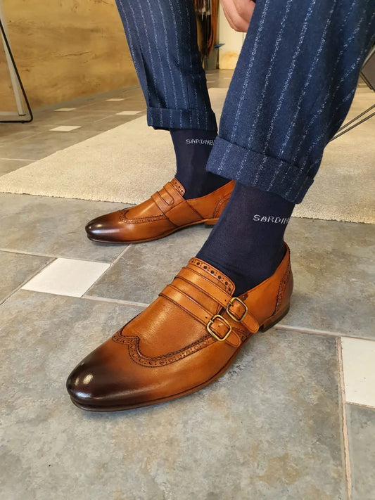 Stefano Tan Buckle Wingtip Loafers - Sophisticated Leather Footwear - BRABION