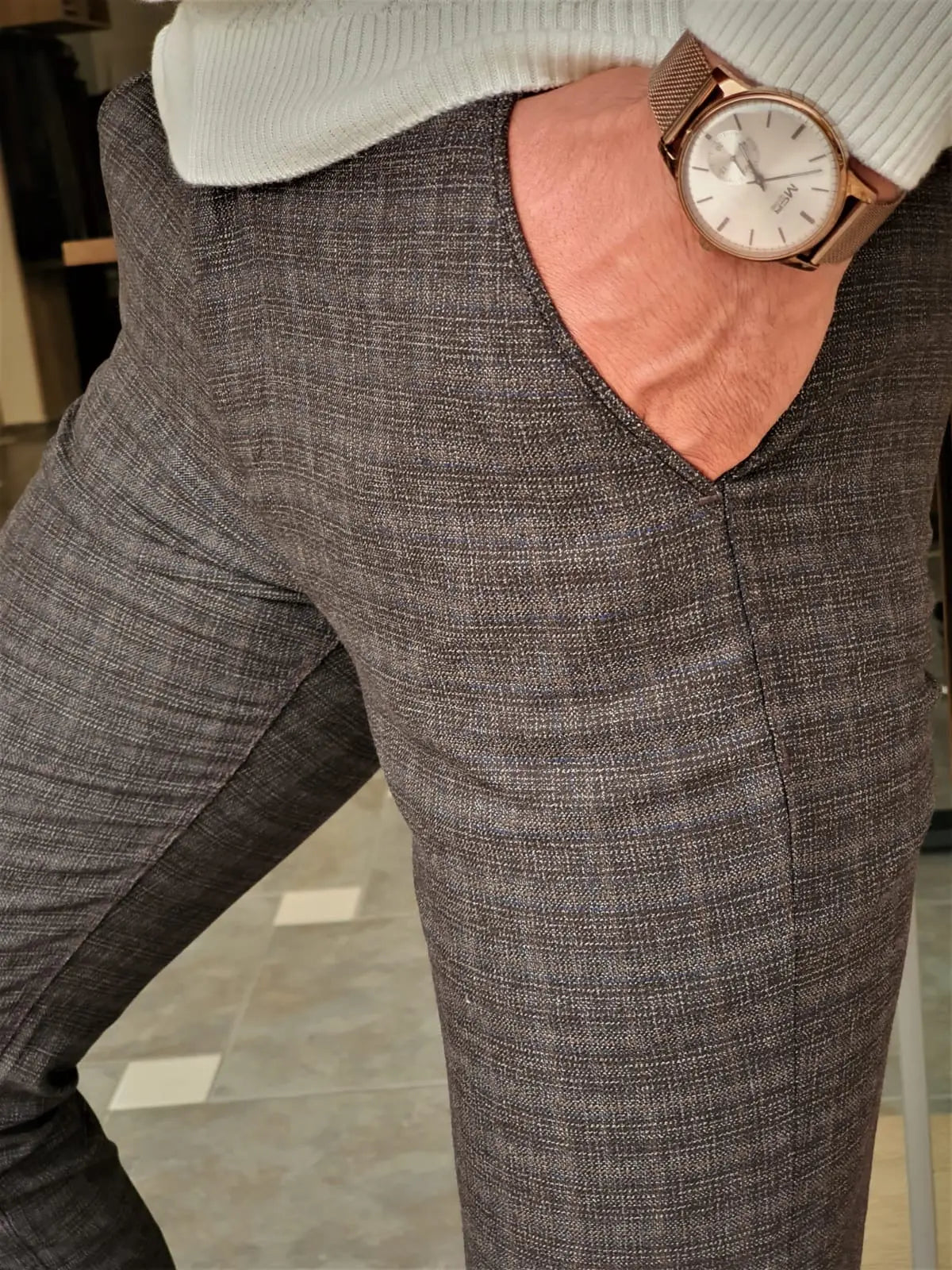 Henderson Brown Slim Fit Plaid Cotton Pants - BRABION