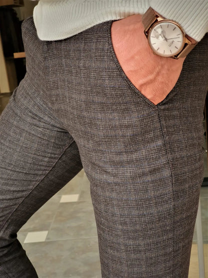 Henderson Brown Slim Fit Plaid Cotton Pants - BRABION