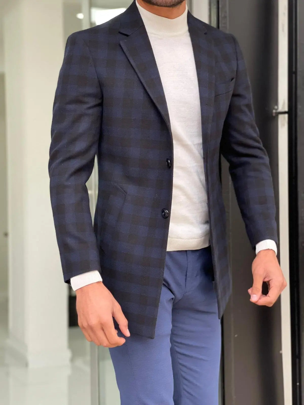 Melbourne Navy Blue Slim Fit Plaid Wool Long Coat - BRABION