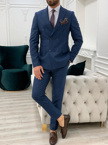 Milano Navy Blue Slim Fit Double Breasted Pinstripe Suit BOJONI