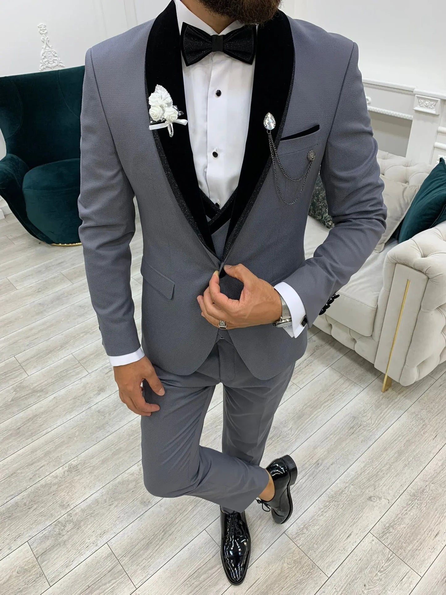 Acacia Gray Slim Fit Velvet Shawl Lapel Tuxedo - BRABION