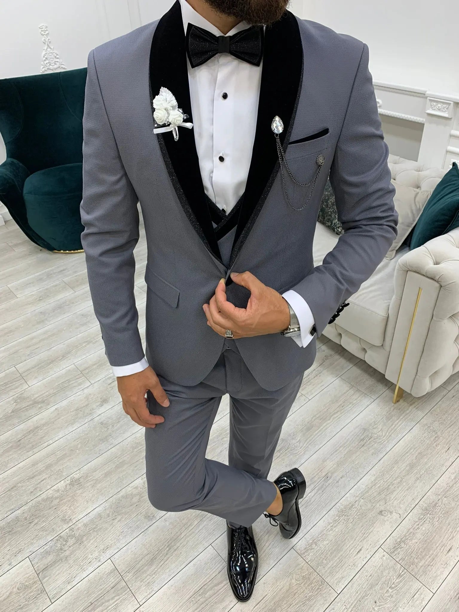 Acacia Gray Slim Fit Velvet Shawl Lapel Tuxedo - BRABION