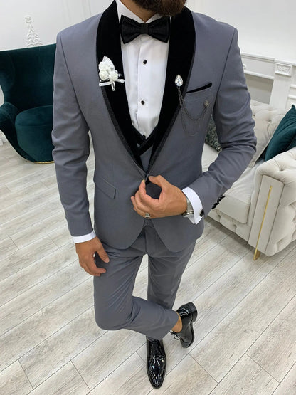 Acacia Gray Slim Fit Velvet Shawl Lapel Tuxedo - BRABION