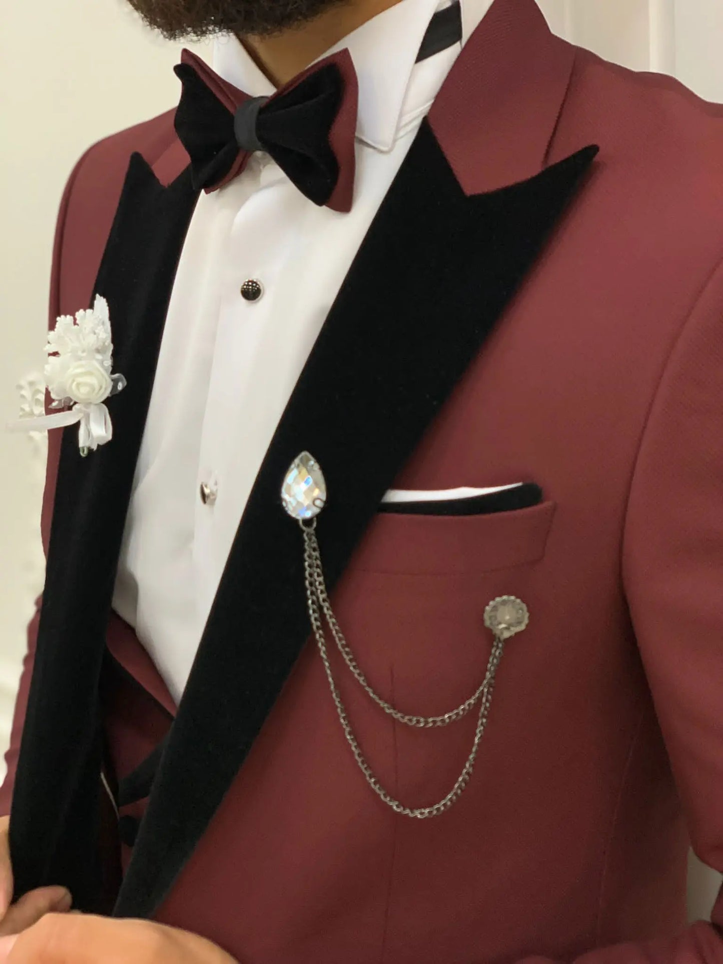 Acacia Burgundy Slim Fit Velvet Peak Lapel Tuxedo - BRABION