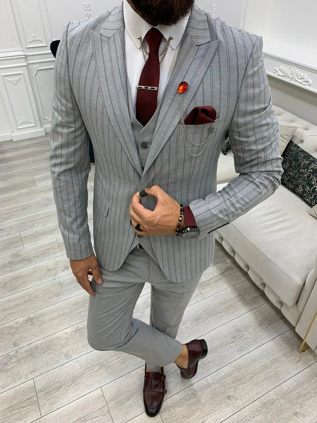 Lambrusco Dark Gray Slim Fit Peak Lapel Striped Suit - BRABION