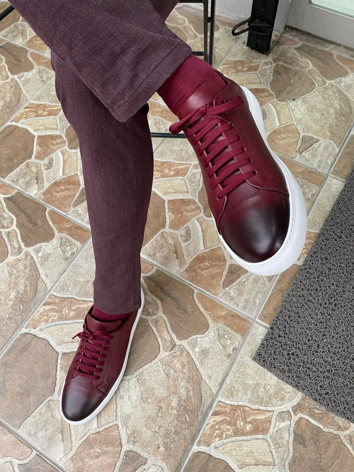 Martin Burgundy Lace-Up Mid-Top Sneakers - BRABION