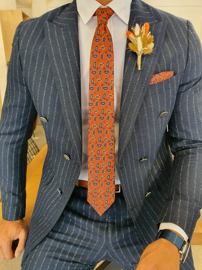 Men's Navy Blue Pinstripe Double Breasted Suit BOJONI