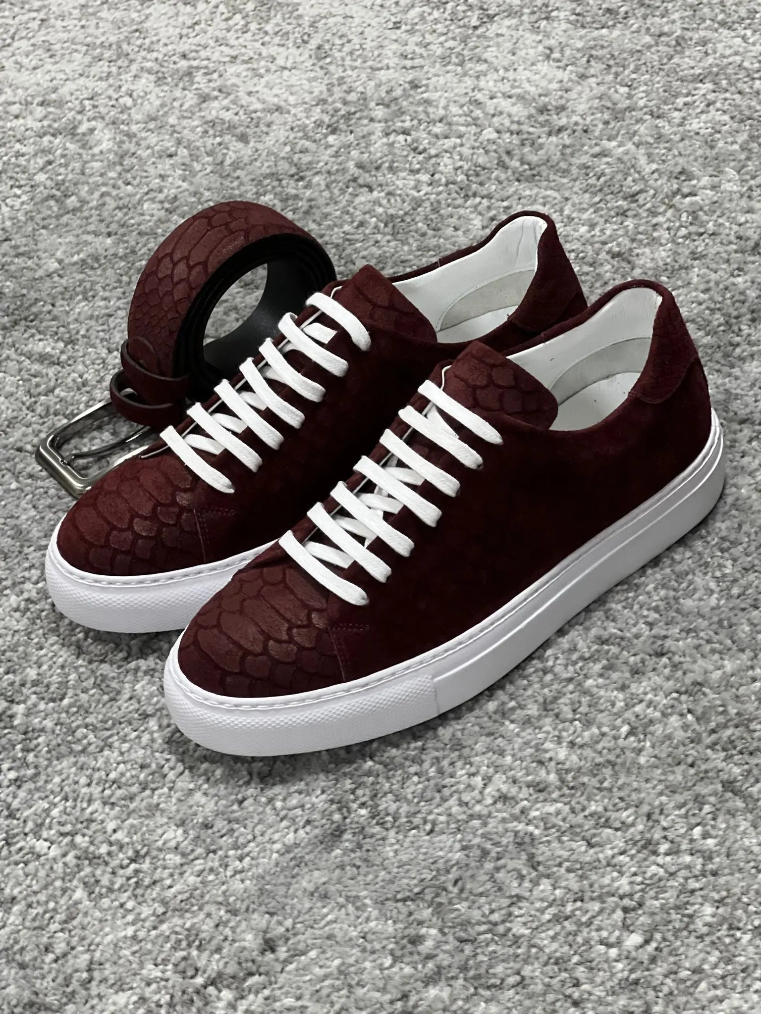 Lenzi Special Edition Suede Print Leather Burgundy Sneakers - BRABION