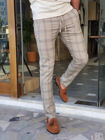 Montreal Brown Slim Fit Plaid Pants: Elegant Versatility for Every Occasion - BRABION