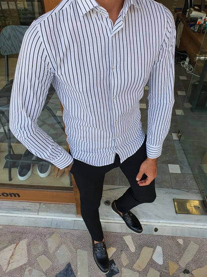 Brabion Berton Black Slim Fit Long Sleeve Striped Cotton Shirt - BRABION