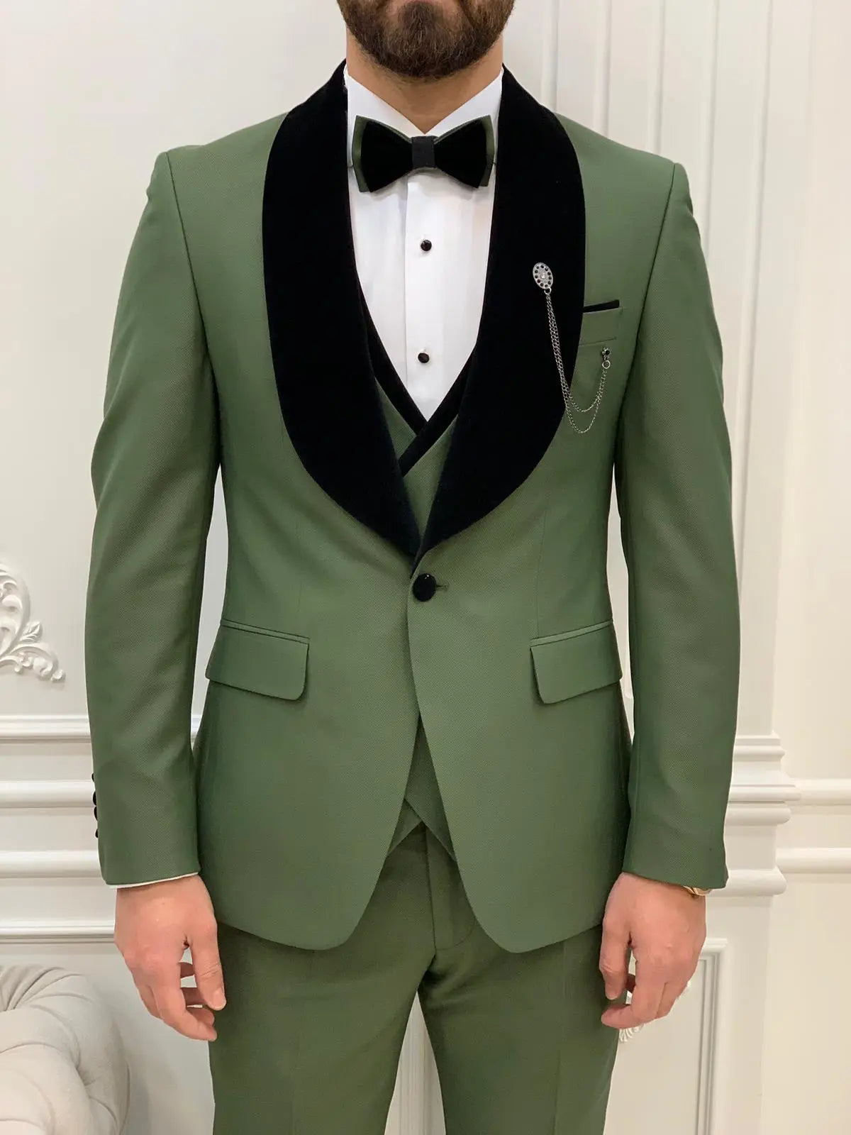 Eden Light Green Slim Fit Velvet Shawl Lapel Tuxedo - BRABION