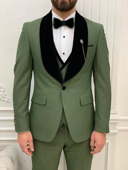 Eden Light Green Slim Fit Velvet Shawl Lapel Tuxedo - BRABION
