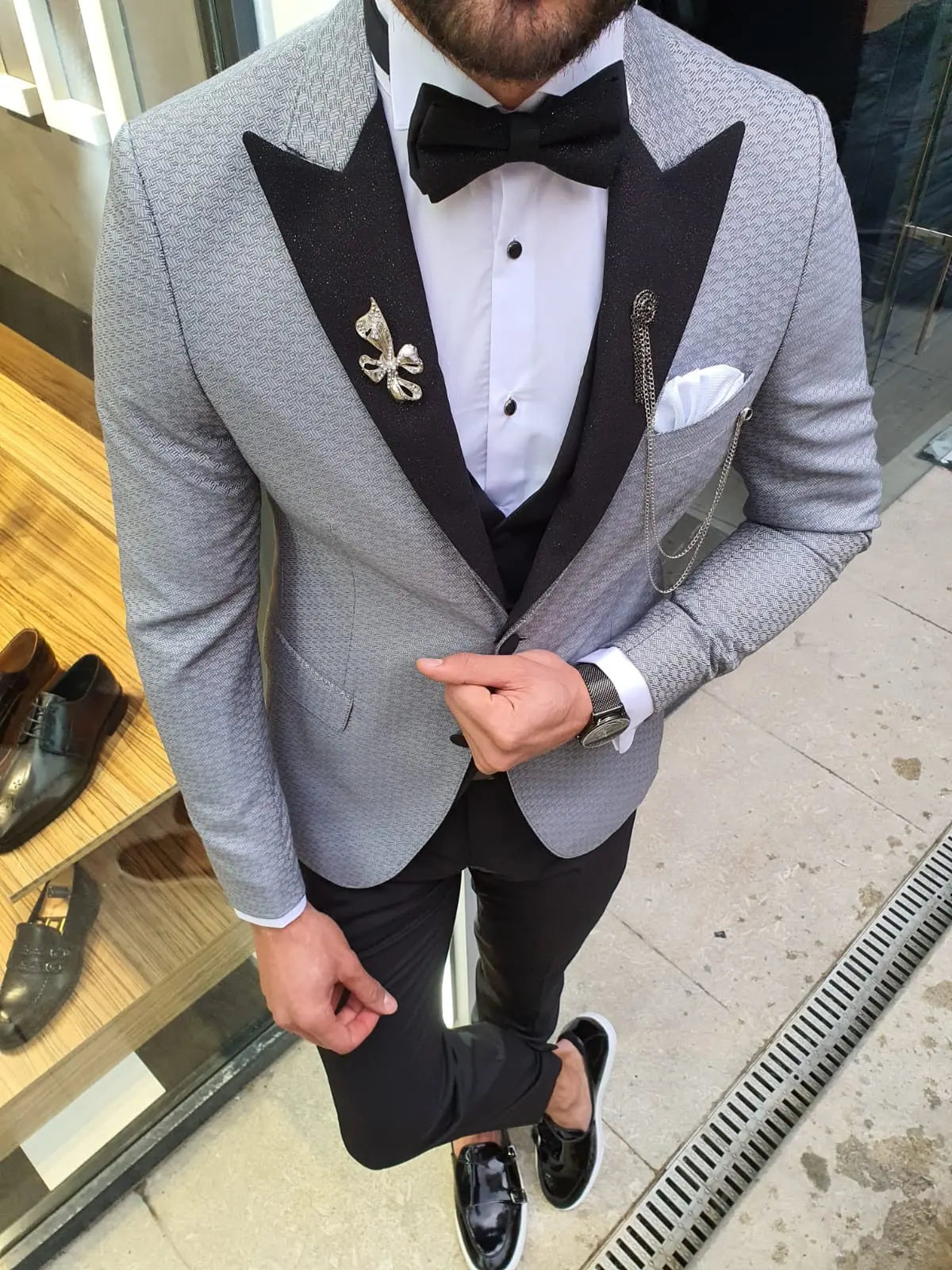 VillaNova Gray Slim Fit Patterned Tuxedo - BRABION